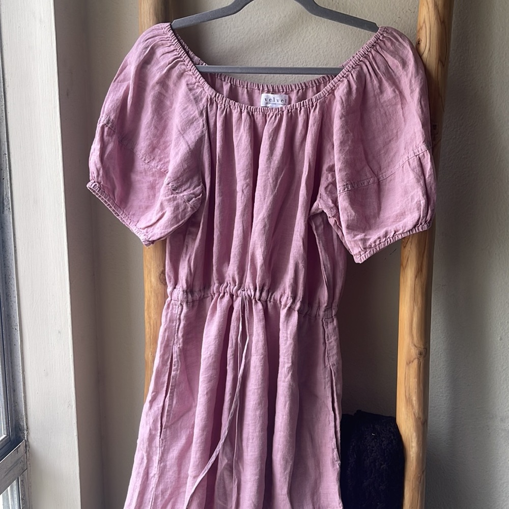 VELVET By Graham & Spencer Linen Dress Off Shoulder Pink S $198 Summer Dress
